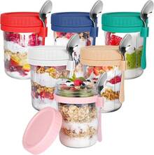 Tarro de Avena de Vidrio de 16 oz, Tarro Sellado de Gran Capacidad, Juego de 6 Contenedores de Avena Nocturna con Tapas y Cucharas, para Almacenar Leche, Cereales, Frutas - mezclado - Ver 9