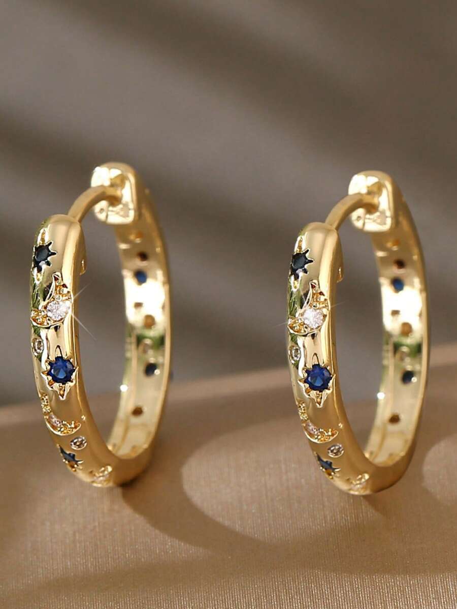 Summer 14K Gold Plated Star Shine Hoop Earrings For Women Cubic Zirconia Celestial Chunky Hoops Earrings Gold Earrings For Women Fashion Accessories Graduation Gift Fall Earring Christmas Earring