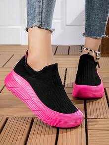 Women's Platform Sneakers Black With Pink Sole, Chunky Comfortable Athletic Shoes, Fashion Casual Walking Shoes With Ankle Chain - Perfect Gift Idea - 黑玫紅 - 查看 2