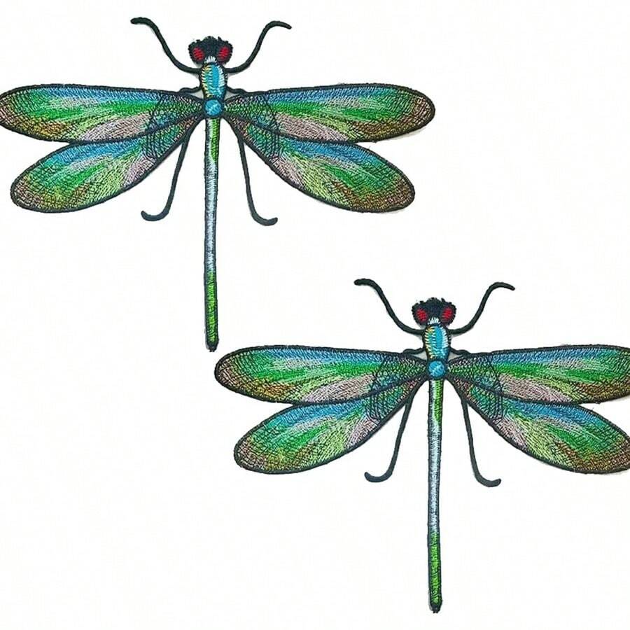 2Pcs Dragonfly Embroidered Sewing On Patch, Sew On Applique, Iron On Patches, Clothes Shoes Bags Decoration Patch Dress Hat Jeans Jacket Pants Mask Decorations Embroidered Appliqu Patches - 綠色 - 查看 1