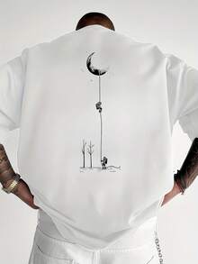 Camicia a maniche corte con stampa grafica da uomo - Maglietta casual a girocollo nera con vestibilità ampia realizzata in tessuto di poliestere durevole, lavabile in lavatrice per l'estate all'aperto, motivo di luna e alberi | Abbigliamento leggero - nero - Visualizzare 8