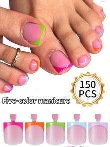 150片法式简约风格美甲方形全贴假指甲套装，混色法式指甲贴纸方形短款设计，高光泽装饰，高品质全覆盖，易于粘贴，美甲爱好者的绝佳选择，配有收纳盒，可单色或混色按压指甲美甲用品美甲 - 紫色 - 查看 3