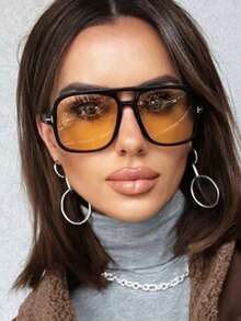 1pc Retro Vintage European & American Style Leopard Pattern Double Bridge Fashion Glasses Aviator Shape Shades - Black Frame Orange Tea - View 2