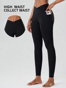 1 Stück Damen High Waist Kompressionsleggings für Workouts, Kreuzgurt Taille, Bauchkontrolle, Taschen, dehnbarer Stoff für Gym, Laufen, Training, Yoga