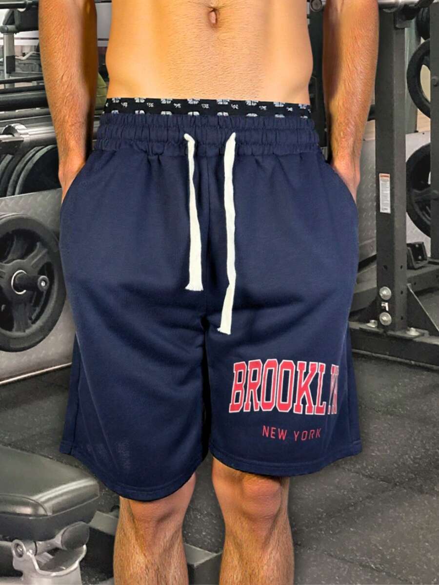 Pantalones cortos casuales de hombre con gráfico de Brooklin - Azul - Ver 1