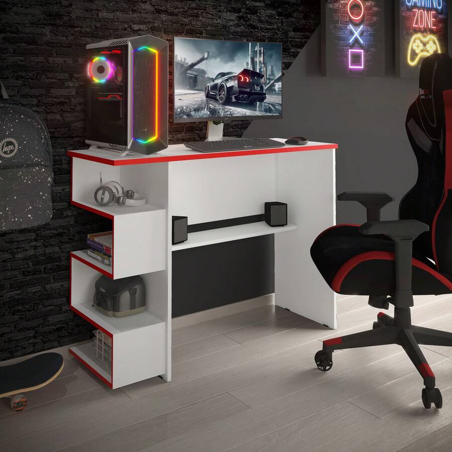 Elite Gaming Computer Table – Compact Desk With Side Niches – Ideal For Study, Work Or Games – Assorted Colors - Đỏ và trắng - Xem 1