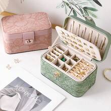 New Luxury Printed Jewelry Organizer Box, Artificial PU Leather, Large Capacity Multi-Layer Partitioned Storage Box, Premium Jewelry Box With Floral Pattern Leather, Bracelet Storage Box, High-End Jewelry Ring Watch Double Layer Accessory Box - Multicolor - View 6