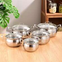 Juego de ollas de 5 piezas, olla de acero inoxidable para salsa de leche, juego clásico de utensilios de cocina de inducción de acero inoxidable de 5 piezas, elegante juego de utensilios de cocina de acero inoxidable de 5 piezas, olla para sopa con tapa, olla multiusos antiadherente para picnic, suministros de cocina, herramientas de cocina, con asa, con tapa de vidrio, con escala medidora, pulido espejo por dentro y por fuera, simple y hermoso, fuerte y duradero, adecuado para sopa y pasta (plata) - Plateado - Ver 1