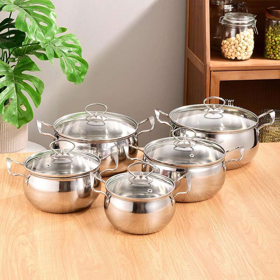 Juego de ollas de 5 piezas, olla de acero inoxidable para salsa de leche, juego clásico de utensilios de cocina de inducción de acero inoxidable de 5 piezas, elegante juego de utensilios de cocina de acero inoxidable de 5 piezas, olla para sopa con tapa, olla multiusos antiadherente para picnic, suministros de cocina, herramientas de cocina, con asa, con tapa de vidrio, con escala medidora, pulido espejo por dentro y por fuera, simple y hermoso, fuerte y duradero, adecuado para sopa y pasta (plata) - Plateado - Ver 1