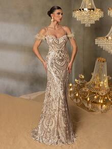 Faeriesty Abito da sera lungo fino ai piedi con spalline sottilissime in tessuto con paillettes, con dettagli ricamati e spacco laterale - perfetto per serate di gala, red carpet ed eventi formali (Collezione autunno/inverno) - Champagne - Visualizzare 5