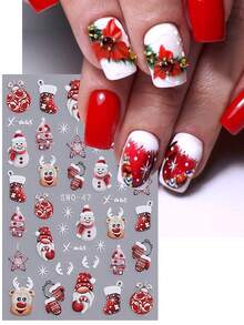 2张红色圣诞5D立体美甲贴纸，图案包括圣诞老人、雪人、雪花、球棒、帽子、围巾、靴子等节日元素，自粘式DIY美甲贴片，美甲用品，送给女性和女孩的礼物 - 彩色 - 查看 4
