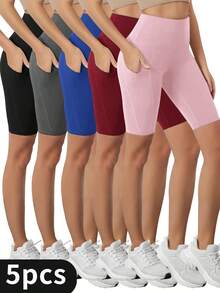 5-Pack High Waisted Yoga Shorts W/Pockets - Tummy Control Slimming Workout Shorts - Stretchy & Breathable For Yoga, Pilates, Dance, Fitness (Black) - 5pcs(mixed color) - 查看 1
