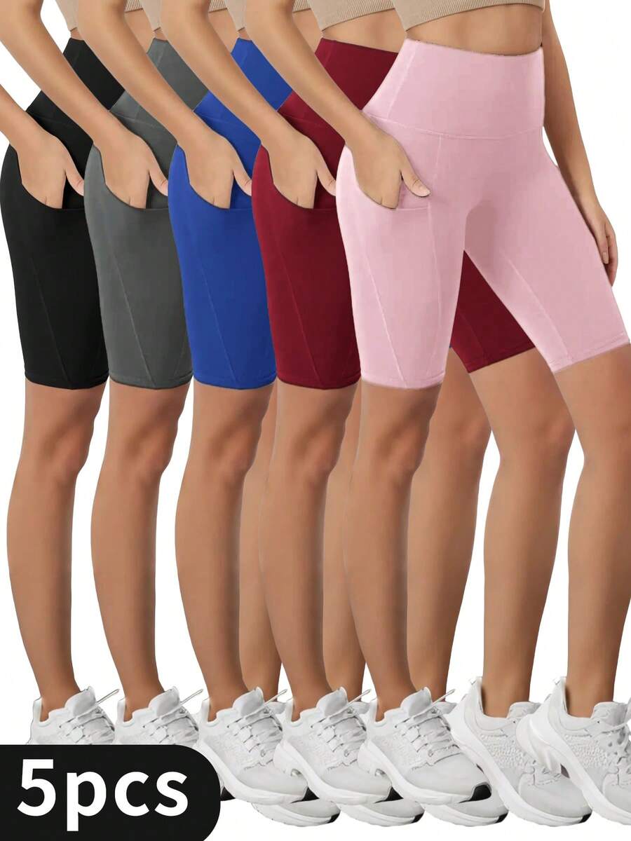 5-Pack High Waisted Yoga Shorts W/Pockets - Tummy Control Slimming Workout Shorts - Stretchy & Breathable For Yoga, Pilates, Dance, Fitness (Black) - 5pcs(mixed color) - 查看 1