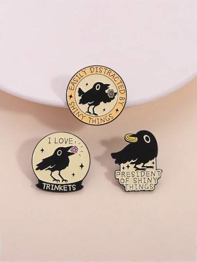 3 Pcs Set Crow Gem Badge, Ins Style Self-Deprecating English Slogan (I LOVE TRINKETS), Best Friend Gift/Fan Merchandise/Personal Styling Accessories