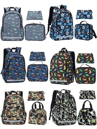 GUSTELL 3pcs Set Kids Backpack With Lunch Box & Pencil Case, Football, Dinosaur, Cartoon Pattern, Suitable For Travel, Camping, Outdoor, With Padded Back And Adjustable Straps, Fashionable Printed (Football Pattern)