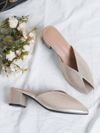 2025春夏新款粗跟女式高跟凉鞋，金色拼色镂空露趾穆勒鞋