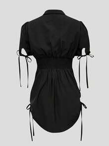 Elegant Black Short Sleeve Shirt With Button And Elastic Waist - Suitable For Casual And Formal Occasions, Casual Wear | Refined Style | Short Sleeve Shirt Summer - Black - View 6