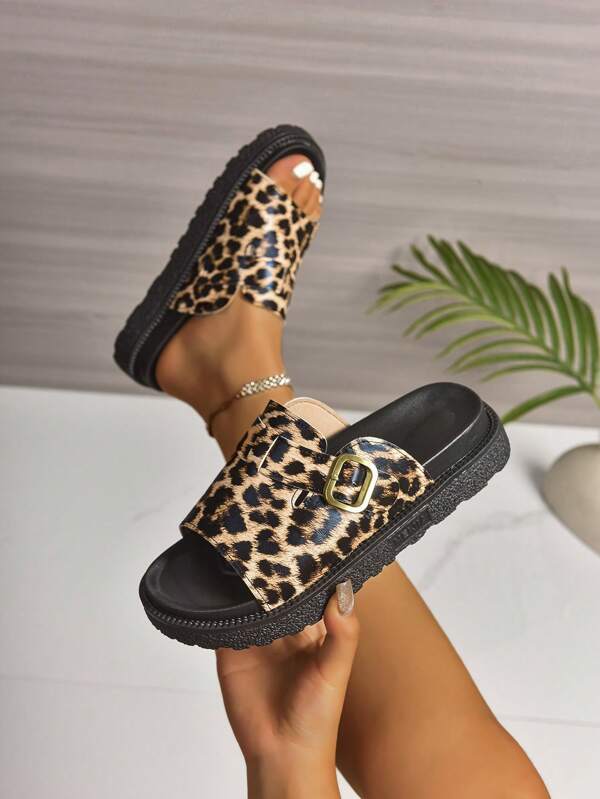 1 Pair Women's Leopard Print Sexy Buckle Thick Sole Sandals, Beach Resort Outdoor Summer Fashion Platform Slip-On Slides