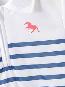 2 Piece Set Young Boy Casual Striped Print Zip Polo Shirt And Denim Pant Suit, Suitable For Sports, Daily Wear, School, Outdoor Activities In Spring And Autumn