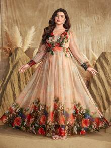 加大码女式甜心领随机花卉印花泡泡袖撞色设计优雅长裙 - 彩色 - 查看 5