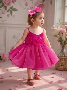 Vestido de fiesta de organza con flores para niñas bebés, con tirantes, incluye diadema como set de regalo - Rosa Fucsia - Ver 4