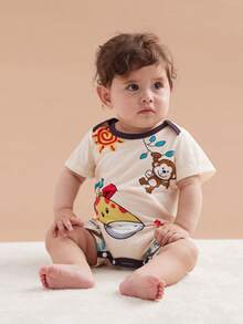 Newborn Baby Girl Romper With Cartoon Giraffe Print, Peter Pan Collar, Summer Outfits - Apricot - View 4