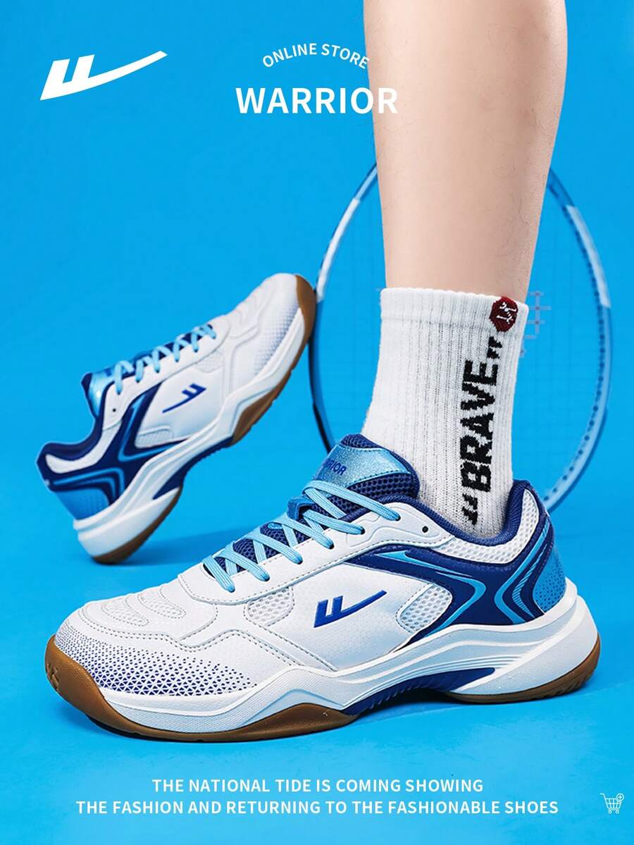 WARRIOR 1 Pair Men's Lace-Up Breathable Mesh Lightweight Sneakers, Non-Slip Soft Bottom, Suitable For Sports, Badminton, Outdoor, Casual Wear, Cushioned, Low-Top - Blue and White - View 1