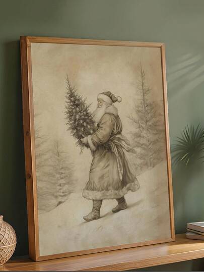1pc Vintage Santa Claus Backpack Wrapped Canvas Poster, Rustic Retro Santa Reindeer Print, Gift,Suitable For Bedroom,Living Room,Dorm,Wall Arts,Wall Decor,Home Decor,Room Decor, Canvas Wall Art, Posters, Wall Art With Frame, Optional Frame ﻿ ﻿
