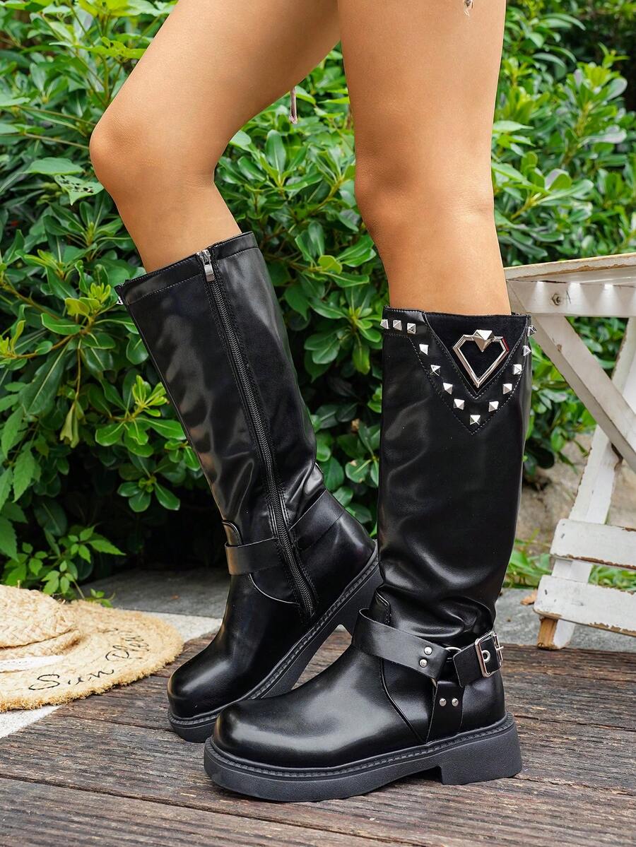 Bottes hautes à la mode pour femmes, bottes d'équitation style français/britannique avec fermeture éclair latérale en polaire unie. Bottes occidentales luxueuses et élégantes avec boucle, rivet décoratif, et chic avec élastique - Noir - Voir 1