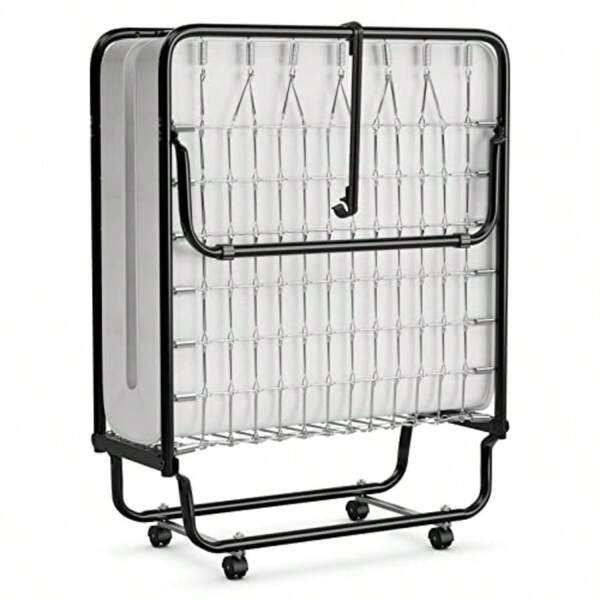 Folding Bed With Mattress For Adults Fold Up Bed With Memory Foam Mattress And Metal Frame On Wheels Cot Size Roll Away Adult Bed Foldable Portable Guest Bed For Easy Storage Made In Italy