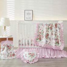 Brandream Pink Floral Crib Bedding Sets For Girls Farmhouse Chic Nursery Bedding Collection, 100% Cotton 3 Pieces - Pink - View 1