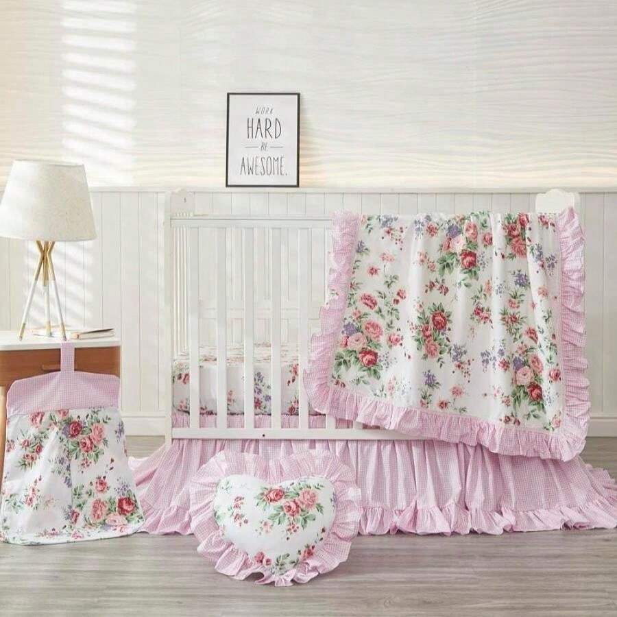 Brandream Pink Floral Crib Bedding Sets For Girls Farmhouse Chic Nursery Bedding Collection, 100% Cotton 3 Pieces - Pink - View 1