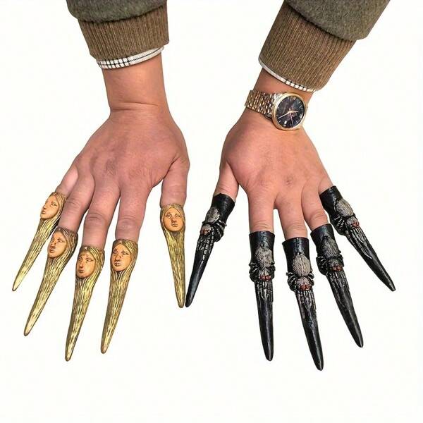 Set di 5 accessori per costumi horror di Ognissanti - Inclusi unghie finte da strega e zombie, copri-dita color carne, per provare il brivido del realismo durante il travestimento da festa