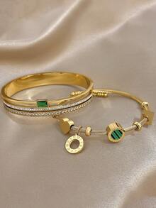 Conjunto de Joias de Pulseiras Rígidas Retro de Luxo em Aço Inoxidável Dourado com Zircónia Verde para Mulher, Elegante para Uso Diário/Verão/Festa, Presente para Mãe, Dia dos Namorados e Aniversário - Multicolorido - Ver 7
