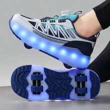 LED Multi-Flashing 4-Wheel Roller Skates, Quick Gliding, Detachable Wheels, Fashion Casual 2-In-1 Roller Shoes, Rotary Buckle Adjustable Loose Fit - Blue - View 2