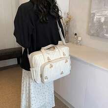 新款时尚妈妈手提包，韩版刺绣单肩斜挎包，大容量刺绣泰迪尿布包，适合学校，学校配件，学校用品，旅行必需品，假日度假包，行李箱，旅行包，女士 - 米色 - 查看 3