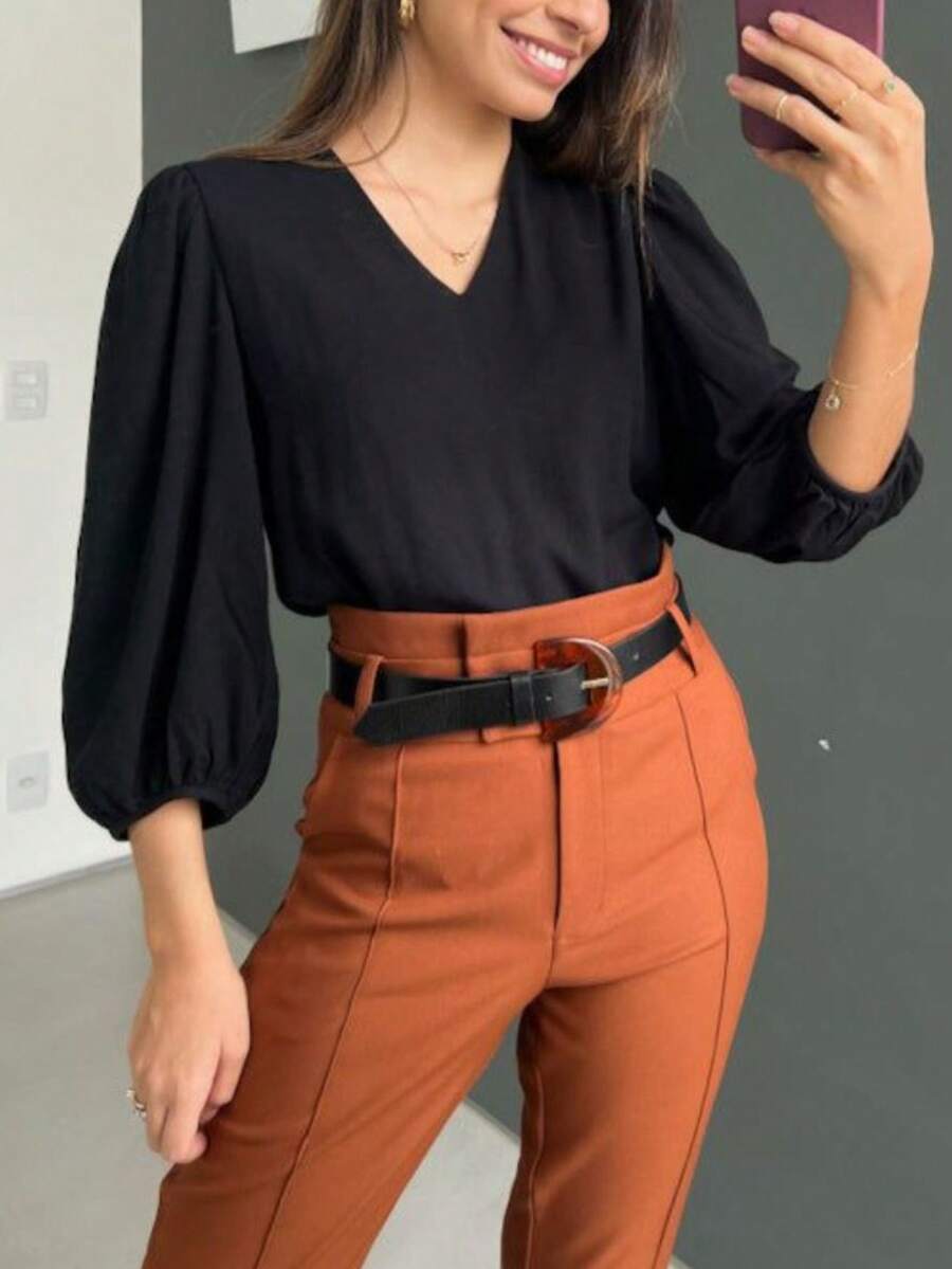 BLOUSE WOMEN'S CLOTHING Puffed Princess Sleeve 3/4 V-NECK DUNA SOCIAL - Black - View 1