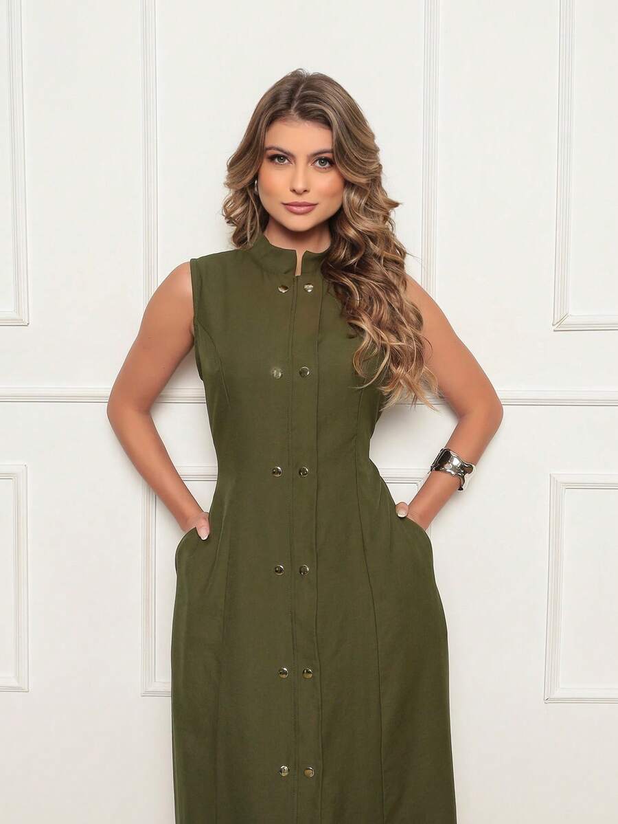 Samara Women's Long Dress With Buttons And Pockets, Elegant Front Opening - 綠色 - 查看 1