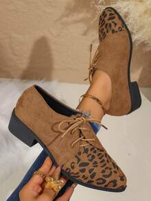 女式复古豹纹乐福鞋，配有抽绳鞋带，防滑 PVC 鞋底，四季舒适，复古风格休闲鞋 - 棕色 - 查看 1