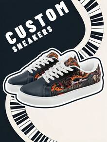 [Rock Music Festival Theme] Custom Name Low-Top Sneakers, PU Upper Panel Shoes, Skull And Guitar Flame Print, Lightweight Unisex All-Season Casual Wear