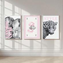 3件套无框豹纹、迪斯科球、嘴唇海报套装，粉色、黑色、白色可选，豹纹酒吧推车墙面艺术帆布画，学院风艺术，时尚杂志氛围，适合公寓、客厅、卧室、现代家居装饰 - 彩色 - 查看 2