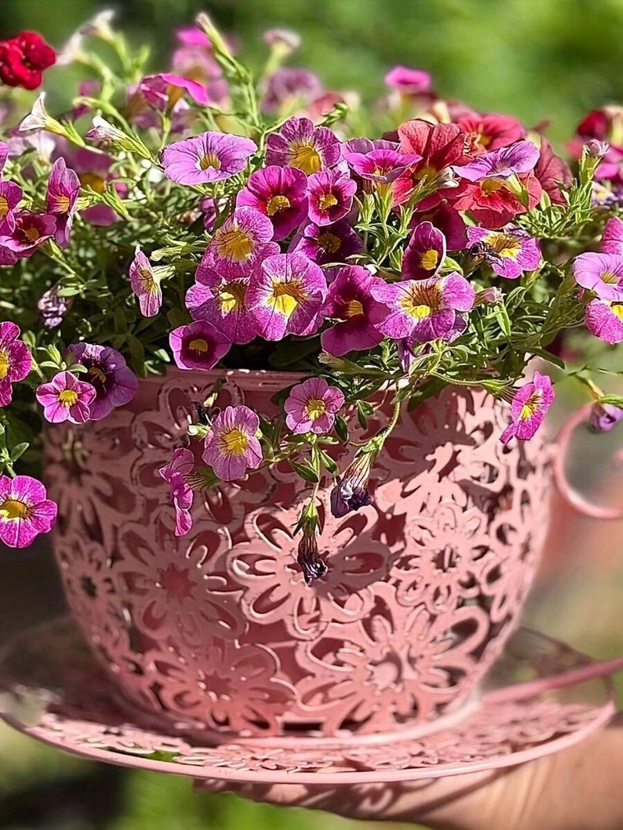 1 件乡村铁艺咖啡杯花盆 - 轻质圆形金属花盆，带装饰手柄，室内/室外花园阳台桌面装饰，适合多肉植物、花卉和植物。送给爱人、父母和朋友的完美礼物 - 彩色 - 查看 1