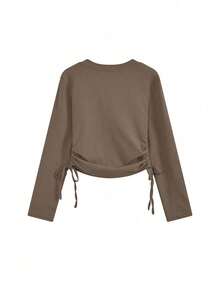 Spring Korean Style Fitted Round Neck Drawstring Design Long Sleeve T-Shirt Top For Women