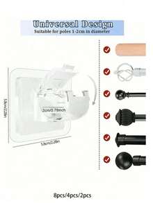 8件/4件/20件/16件/10件/2件免钻窗帘杆支架，自粘式窗帘杆固定器，无钉可调节窗帘杆挂钩，浴室浴帘环，壁挂式挂钩，重型厨房浴室门粘钩，一次性使用，适用于家庭、客厅、卧室、厨房、浴室、酒店。白色/透明色随机