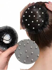 2 piezas Elegante creador de moño de cabello oculto con perla falsa - Redecillas de nailon elásticas reutilizables para ballet, actuación de danza, yoga, pilates y gimnasio, kit de peinado, kit de herramientas para el cabello, artículos escolares, accesorios para el cabello, herramientas de peinado - Multicolor - Ver 1