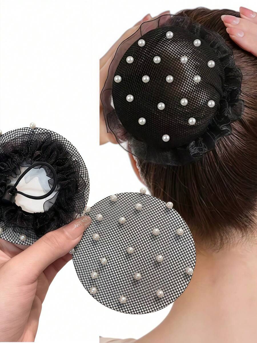 2 piezas Elegante creador de moño de cabello oculto con perla falsa - Redecillas de nailon elásticas reutilizables para ballet, actuación de danza, yoga, pilates y gimnasio, kit de peinado, kit de herramientas para el cabello, artículos escolares, accesorios para el cabello, herramientas de peinado - Multicolor - Ver 1