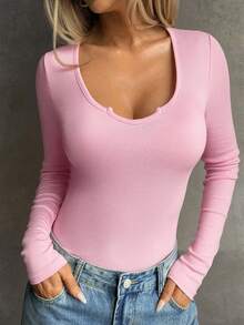 Vaiaye 女士纯色 V 领长袖修身 T 恤，运动健身上衣 - 粉色 - 查看 7