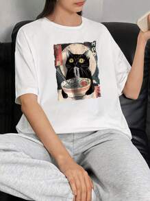 Summer Women Cartoon Black Cat, Noodles, Geometric Pattern Letter Pattern T-Shirt