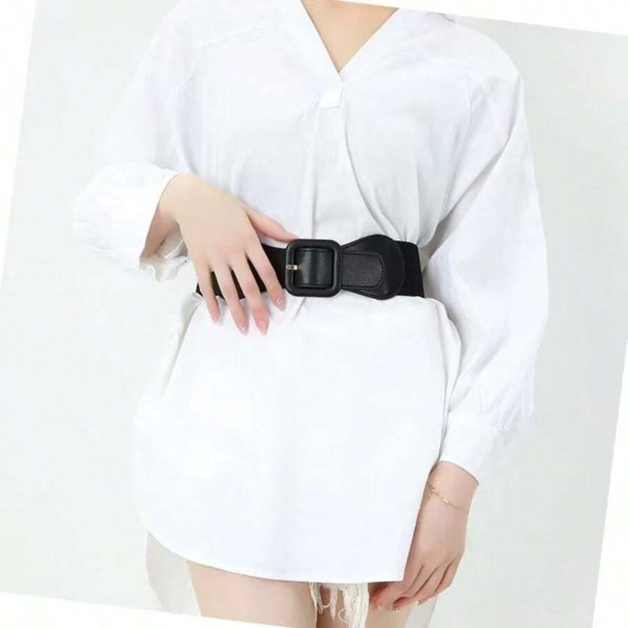 Women's Elastic Wide Belt With Buckle To Cinch Dress Waist - 黑色 - 查看 1