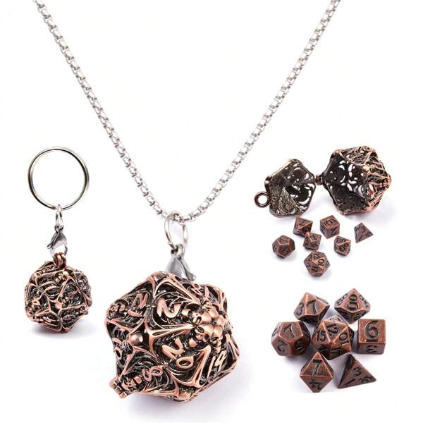 Dados D20 huecos de metal con collar y llavero - Imprescindible para coleccionistas de juegos de rol de mesa